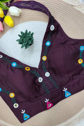 Plum navratri rayon silk blend thread & mirror work blouse