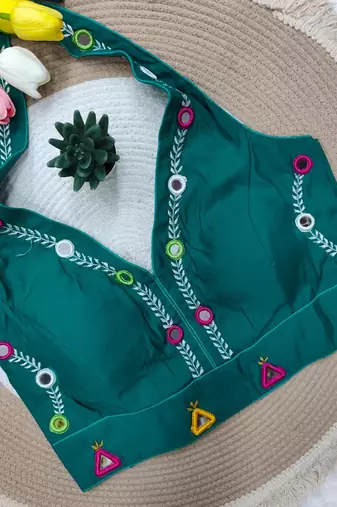 Teal green navratri rayon silk blend thread & mirror work blouse