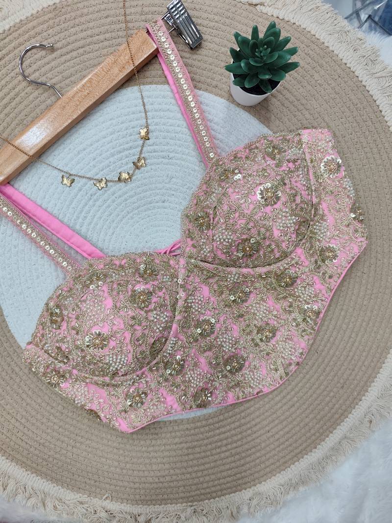 Pink fancy cotton lace & handwork sleeveless blouse