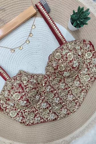 Maroon fancy cotton lace & handwork sleeveless blouse