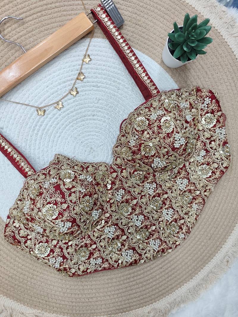 Maroon fancy cotton lace & handwork sleeveless blouse