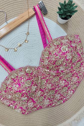 Rani pink fancy cotton lace & handwork sleeveless blouse