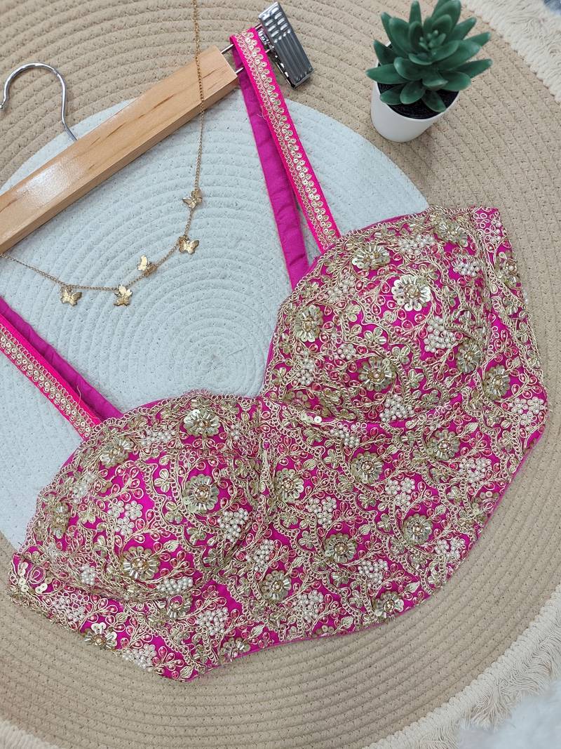 Rani pink fancy cotton lace & handwork sleeveless blouse