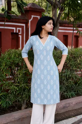 Rayon Printed Indian A-Line Blue Jaipuri Kurtas & Kurtis