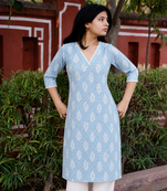 Rayon Printed Indian A-Line Blue Jaipuri Kurtas & Kurtis