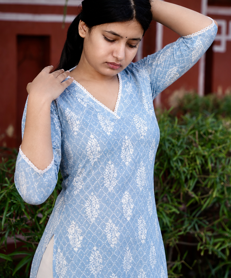 Rayon Printed Indian A-Line Blue Jaipuri Kurtas & Kurtis