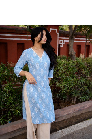 Rayon Printed Indian A-Line Blue Jaipuri Kurtas & Kurtis 4