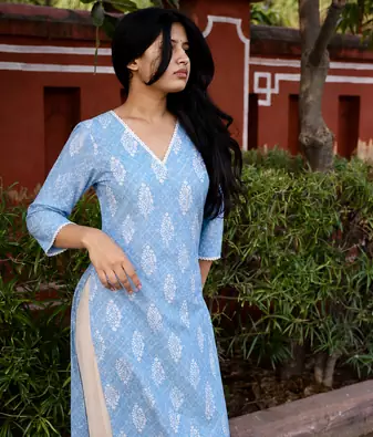 Rayon Printed Indian A-Line Blue Jaipuri Kurtas & Kurtis