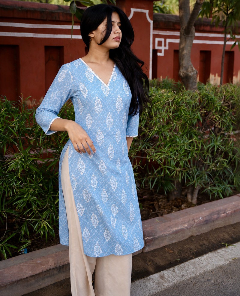 Rayon Printed Indian A-Line Blue Jaipuri Kurtas & Kurtis