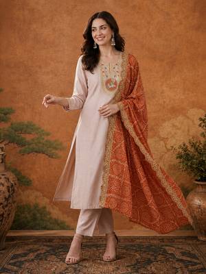 Women's Chiku Embroidered Viscose Straight Kurta, Pant and Dupatta Set 1