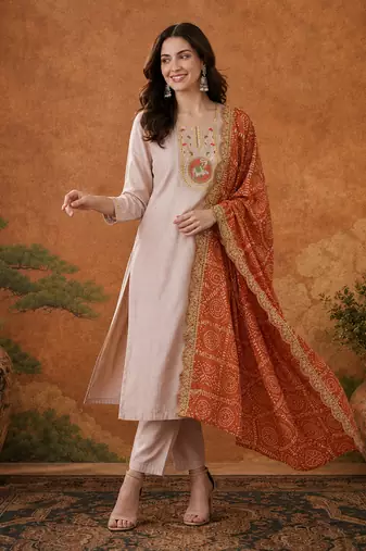 Women's Chiku Embroidered Viscose Straight Kurta, Pant and Dupatta Set