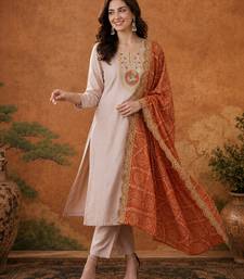 Women's Chiku Embroidered Viscose Straight Kurta, Pant and Dupatta Set