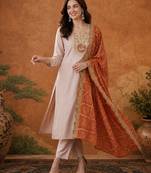 Women's Chiku Embroidered Viscose Straight Kurta, Pant and Dupatta Set