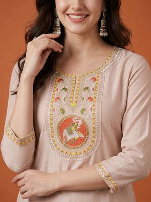 Women's Chiku Embroidered Viscose Straight Kurta, Pant and Dupatta Set 2