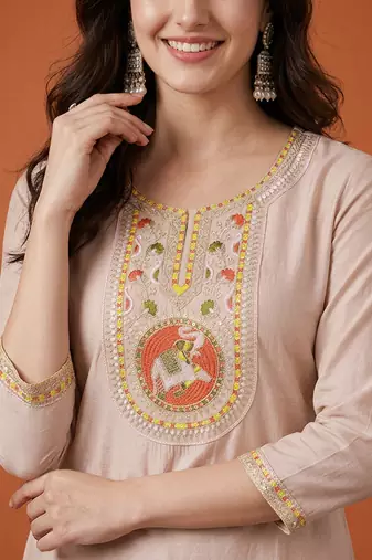 Women's Chiku Embroidered Viscose Straight Kurta, Pant and Dupatta Set