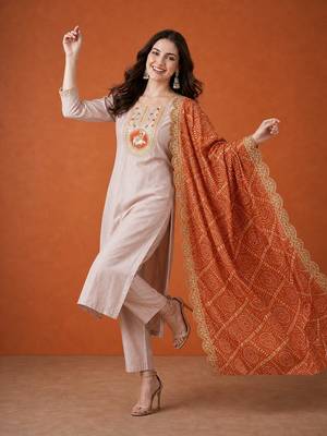 Women's Chiku Embroidered Viscose Straight Kurta, Pant and Dupatta Set 3