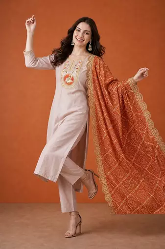 Women's Chiku Embroidered Viscose Straight Kurta, Pant and Dupatta Set