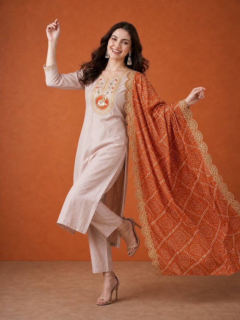 Women's Chiku Embroidered Viscose Straight Kurta, Pant and Dupatta Set