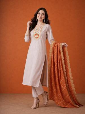 Women's Chiku Embroidered Viscose Straight Kurta, Pant and Dupatta Set 5