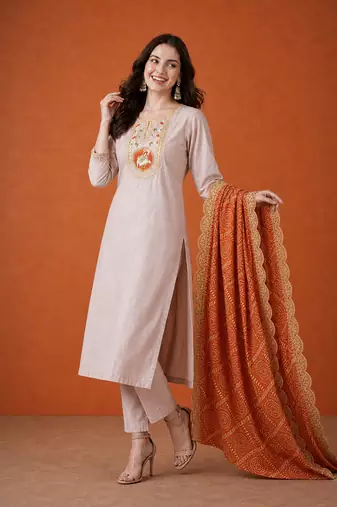 Women's Chiku Embroidered Viscose Straight Kurta, Pant and Dupatta Set