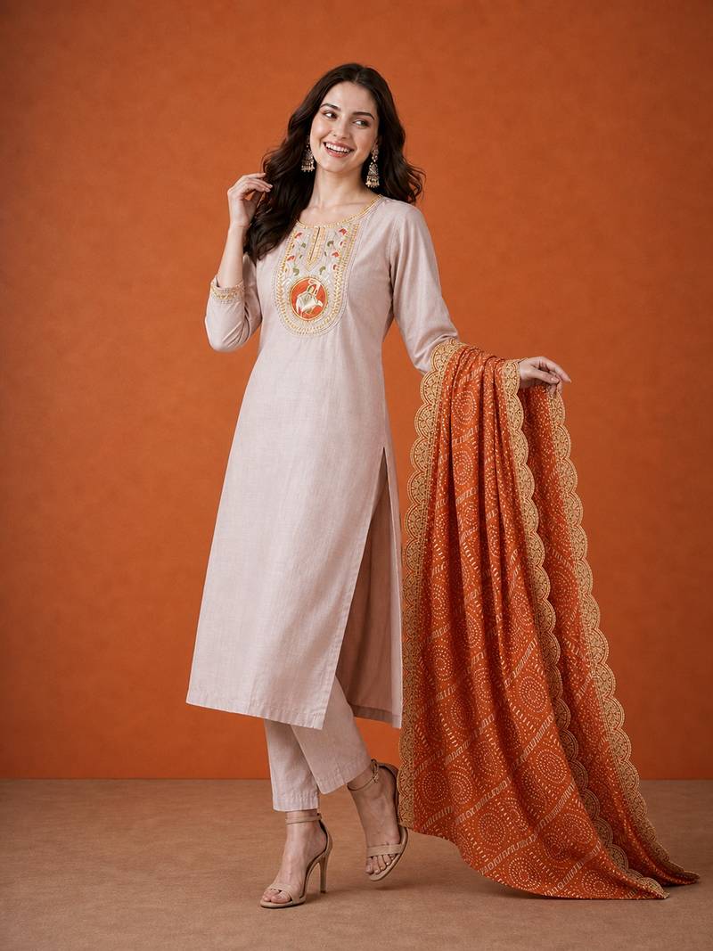 Women's Chiku Embroidered Viscose Straight Kurta, Pant and Dupatta Set