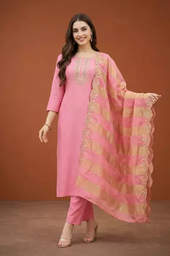 Cotton Blend Embroidered Straight Kurta with Pant And Dupatta Set
