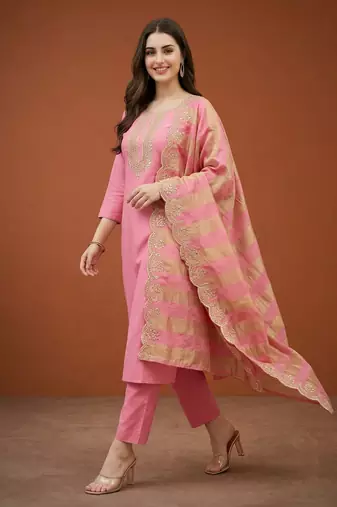 Cotton Blend Embroidered Straight Kurta with Pant And Dupatta Set
