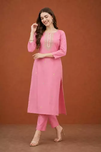 Cotton Blend Embroidered Straight Kurta with Pant And Dupatta Set