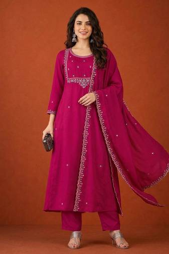 Embroidered Vichitra SIlk Flared Kurta Pant and Dupatta Set