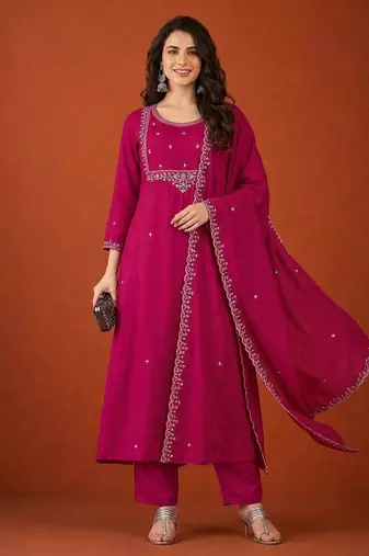 Embroidered Vichitra SIlk Flared Kurta Pant and Dupatta Set