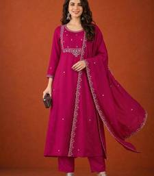 Embroidered Vichitra SIlk Flared Kurta Pant and Dupatta Set