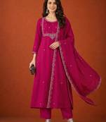 Embroidered Vichitra SIlk Flared Kurta Pant and Dupatta Set
