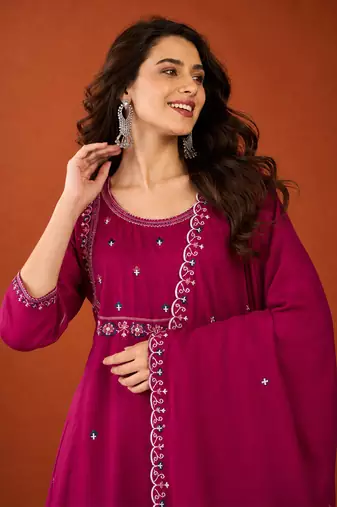 Embroidered Vichitra SIlk Flared Kurta Pant and Dupatta Set