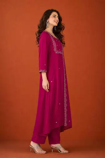 Embroidered Vichitra SIlk Flared Kurta Pant and Dupatta Set