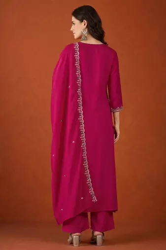 Embroidered Vichitra SIlk Flared Kurta Pant and Dupatta Set