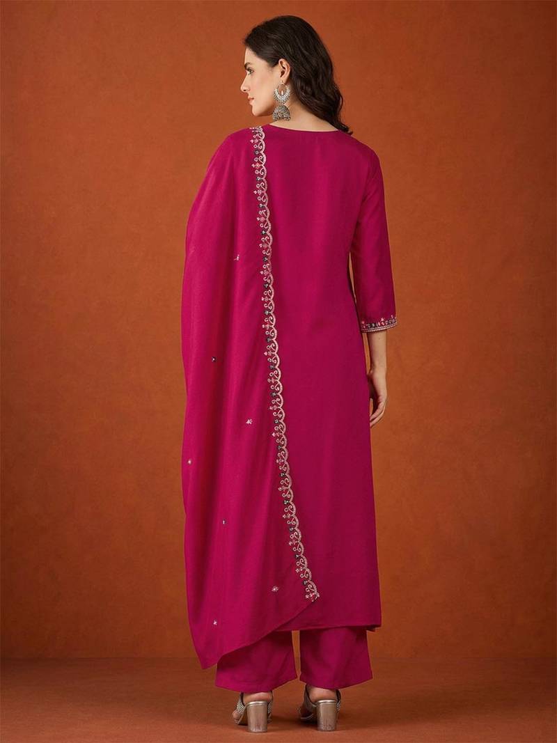 Embroidered Vichitra SIlk Flared Kurta Pant and Dupatta Set