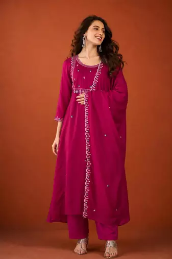 Embroidered Vichitra SIlk Flared Kurta Pant and Dupatta Set