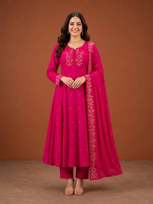 Embroidered Viscose Silk A-line Kurta Pant and Dupatta Set 1