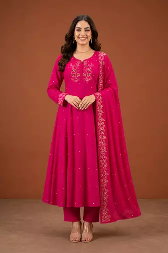 Embroidered Viscose Silk A-line Kurta Pant and Dupatta Set