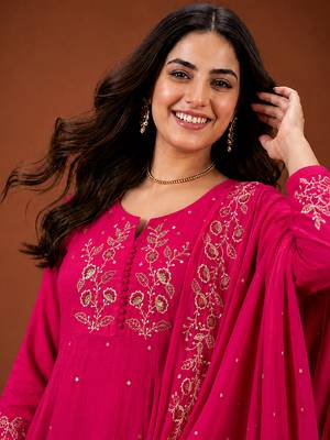 Embroidered Viscose Silk A-line Kurta Pant and Dupatta Set 2
