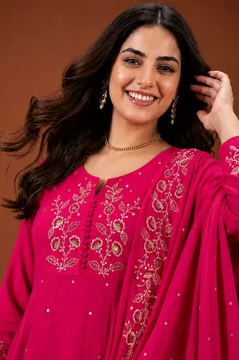 Embroidered Viscose Silk A-line Kurta Pant and Dupatta Set