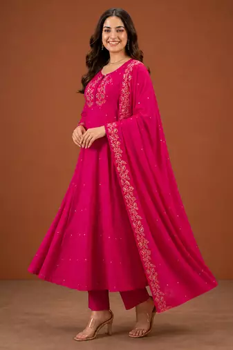 Embroidered Viscose Silk A-line Kurta Pant and Dupatta Set