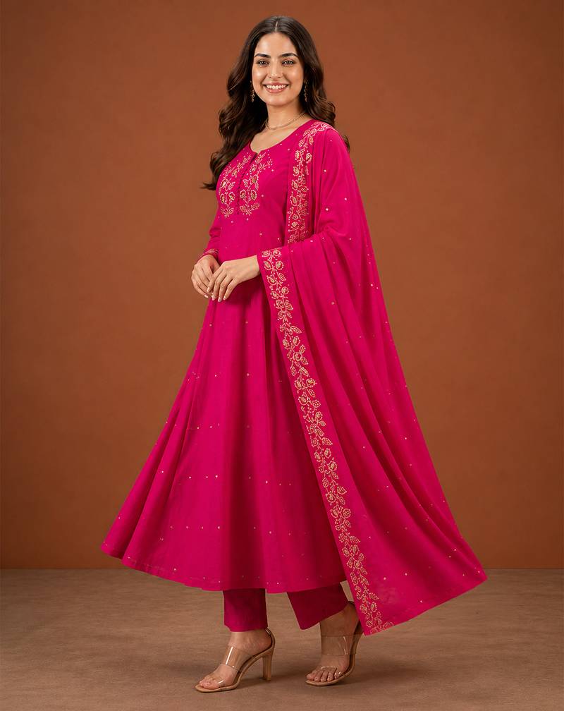 Embroidered Viscose Silk A-line Kurta Pant and Dupatta Set