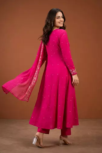 Embroidered Viscose Silk A-line Kurta Pant and Dupatta Set