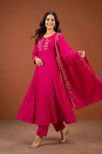 Embroidered Viscose Silk A-line Kurta Pant and Dupatta Set