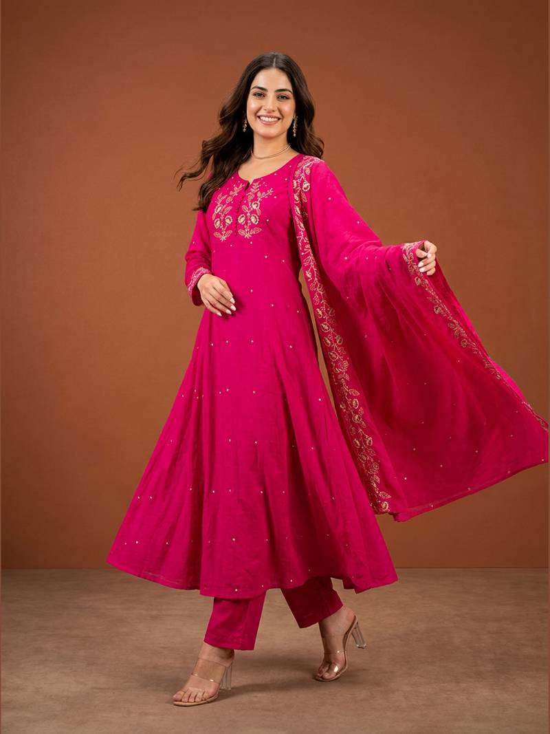 Embroidered Viscose Silk A-line Kurta Pant and Dupatta Set