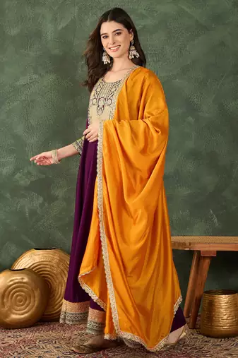Embroidered Vichitra Silk Flared Anarkali Pant and Dupatta Set