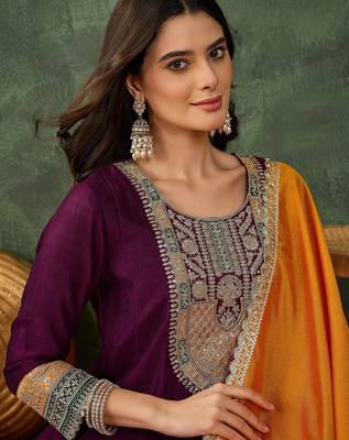 Embroidered Vichitra Silk Flared Anarkali Pant and Dupatta Set 2