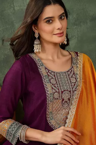 Embroidered Vichitra Silk Flared Anarkali Pant and Dupatta Set