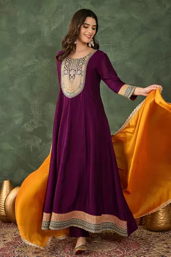Embroidered Vichitra Silk Flared Anarkali Pant and Dupatta Set